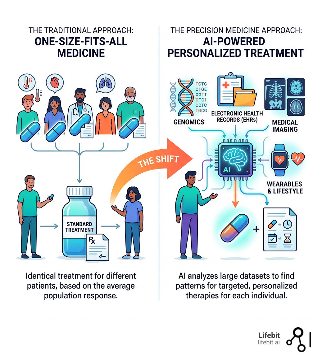 Infographic showing shift from one-size-fits-all medicine to AI-powered precision treatment using genomics, EHRs, imaging Infographic showing shift from one-size-fits-all medicine to AI-powered precision treatment using genomics, EHRs, imaging