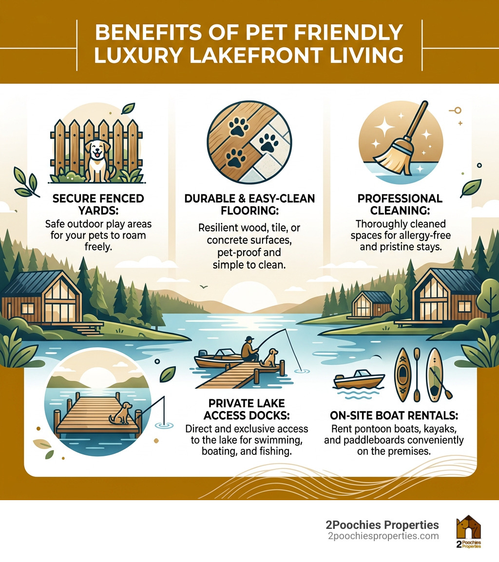 Infographic: Benefits of pet friendly luxury lakefront living — fenced yards, durable flooring, professional cleaning
