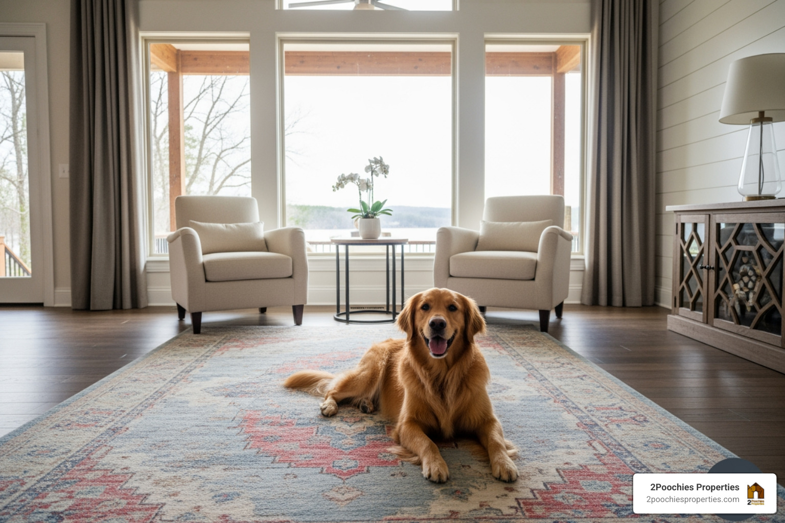 a happy dog relaxing on a plush rug in a high-end lakefront home living room with lake views - pet friendly luxury lakefront homes