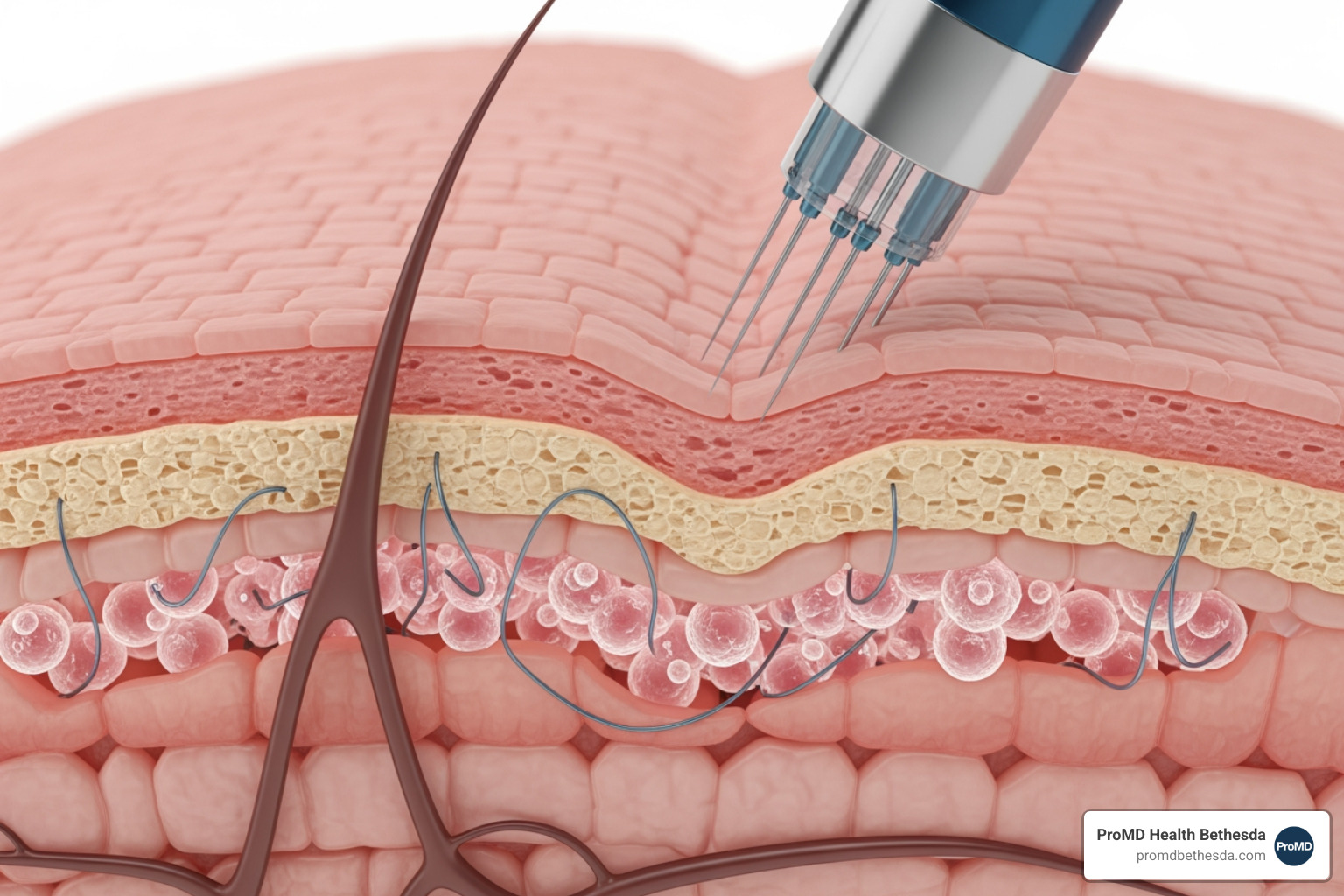 Cross-section of skin showing microneedling penetration and fibroblast stimulation - what are the benefits of microneedling Cross-section of skin showing microneedling penetration and fibroblast stimulation - what are the benefits of microneedling