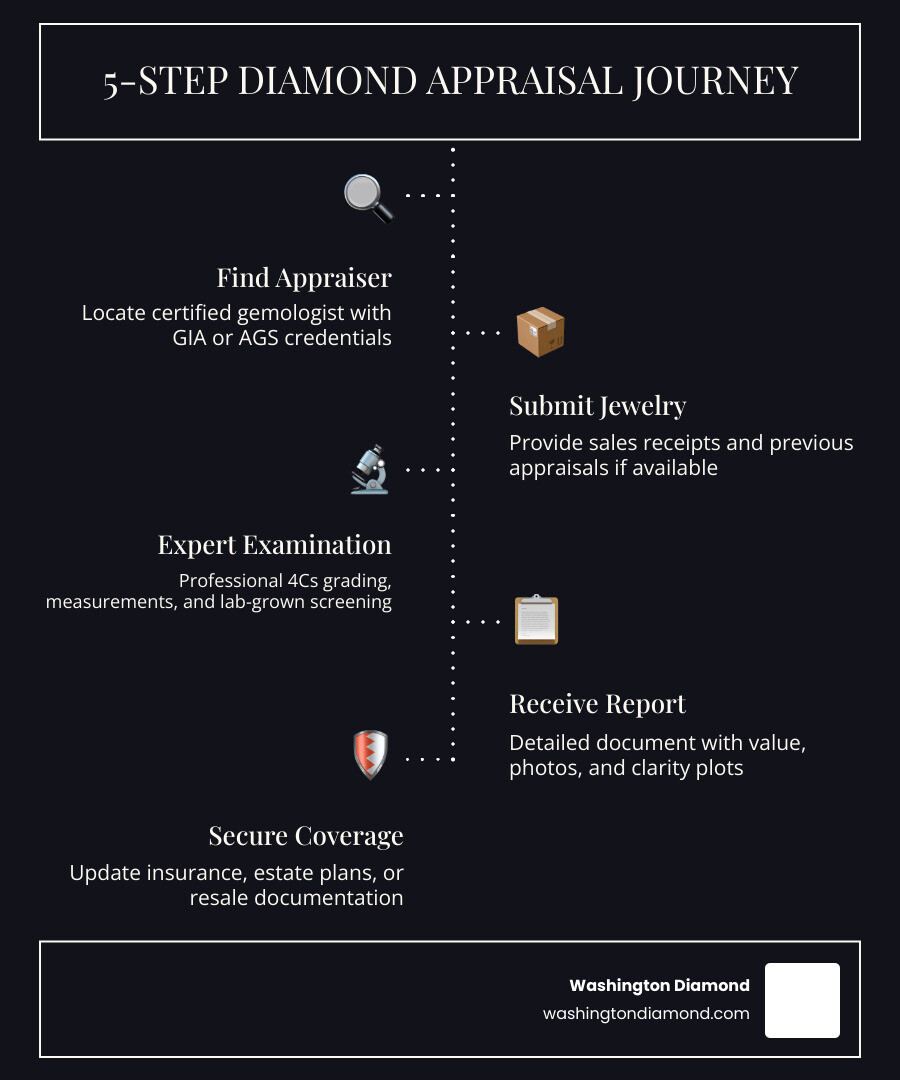 4-step diamond appraisal journey: find appraiser, submit jewelry, receive grading report, get valuation - Diamond appraisal 4-step diamond appraisal journey: find appraiser, submit jewelry, receive grading report, get valuation - Diamond appraisal