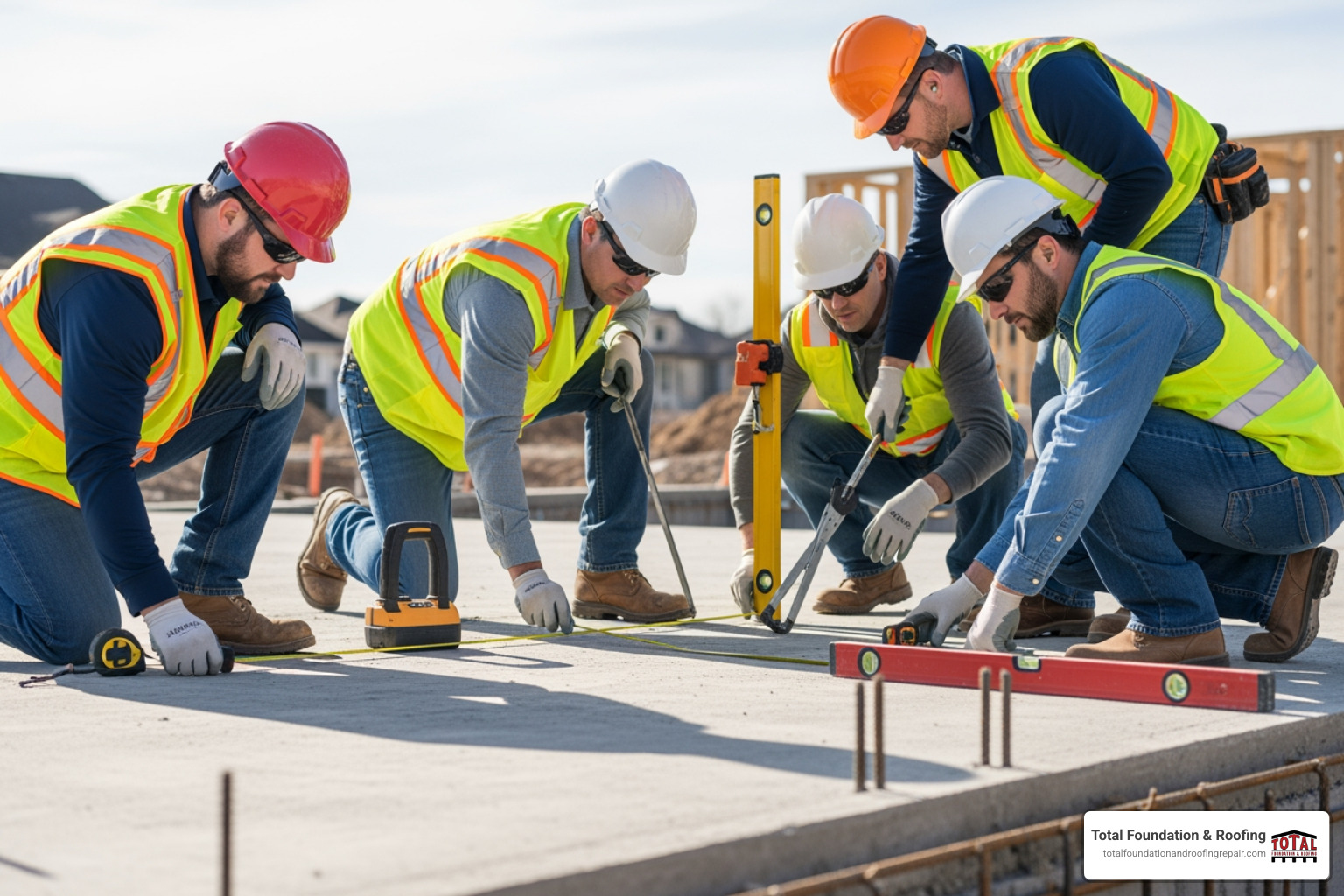 Construction crew inspecting a concrete base for structural integrity - changing conservatory into extension