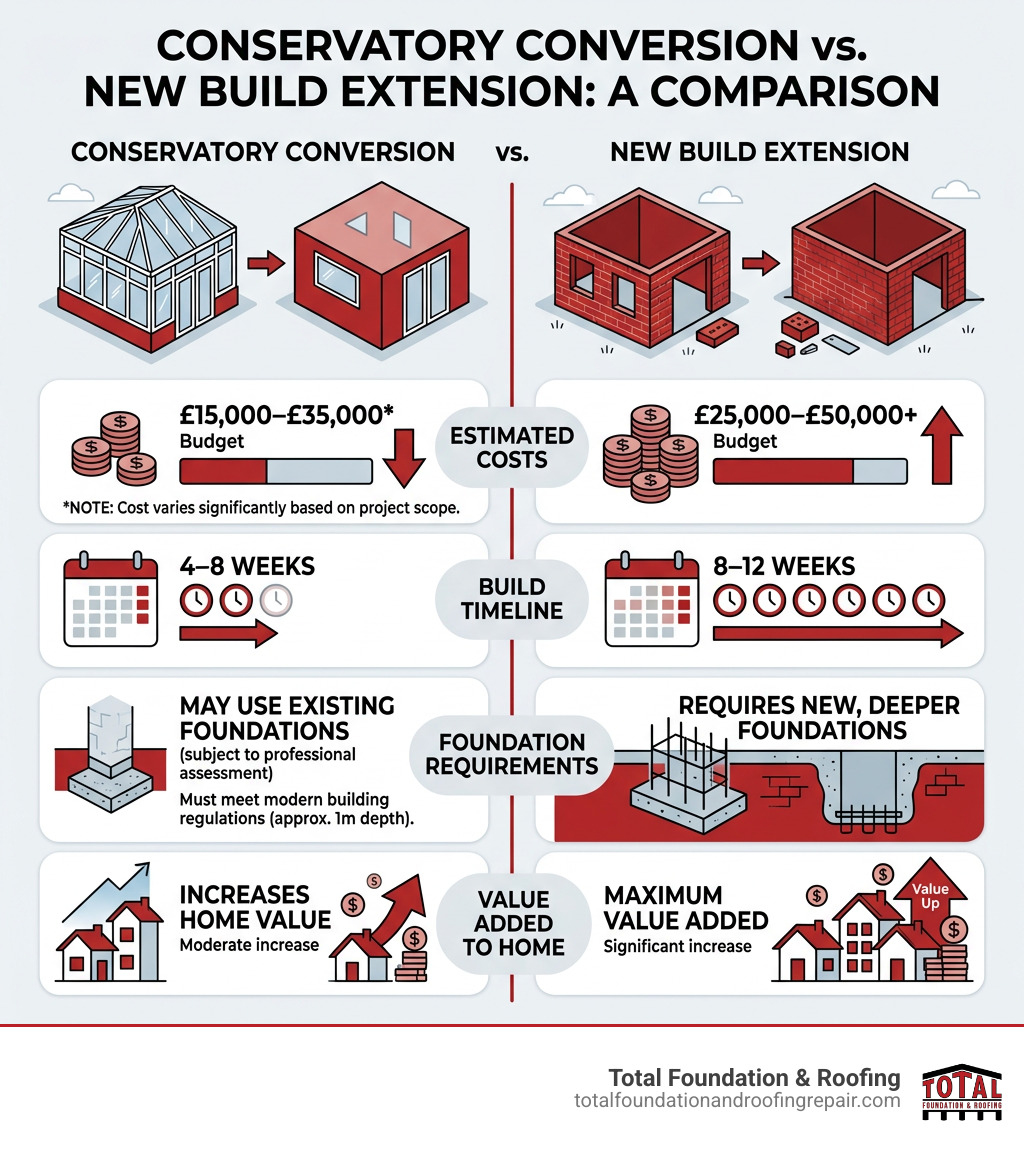 Infographic comparing conservatory conversion vs new build: costs, timeline, foundation requirements, and value added