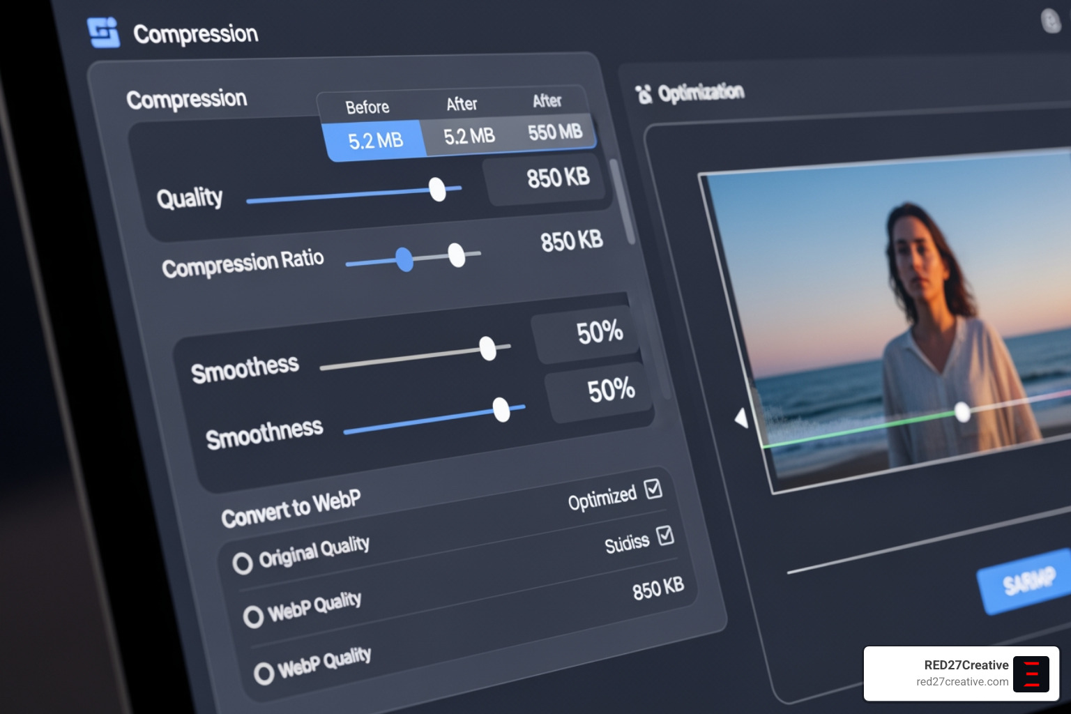 Interface of image optimization software showing compression settings and WebP conversion - Website speed optimization Interface of image optimization software showing compression settings and WebP conversion - Website speed optimization
