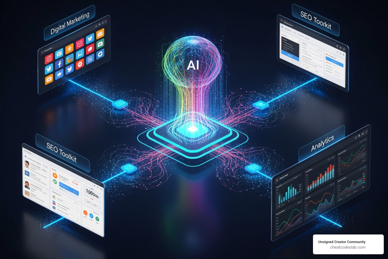 digital marketing orchestration showing AI connecting different platforms - ai-driven saas-based content marketing software