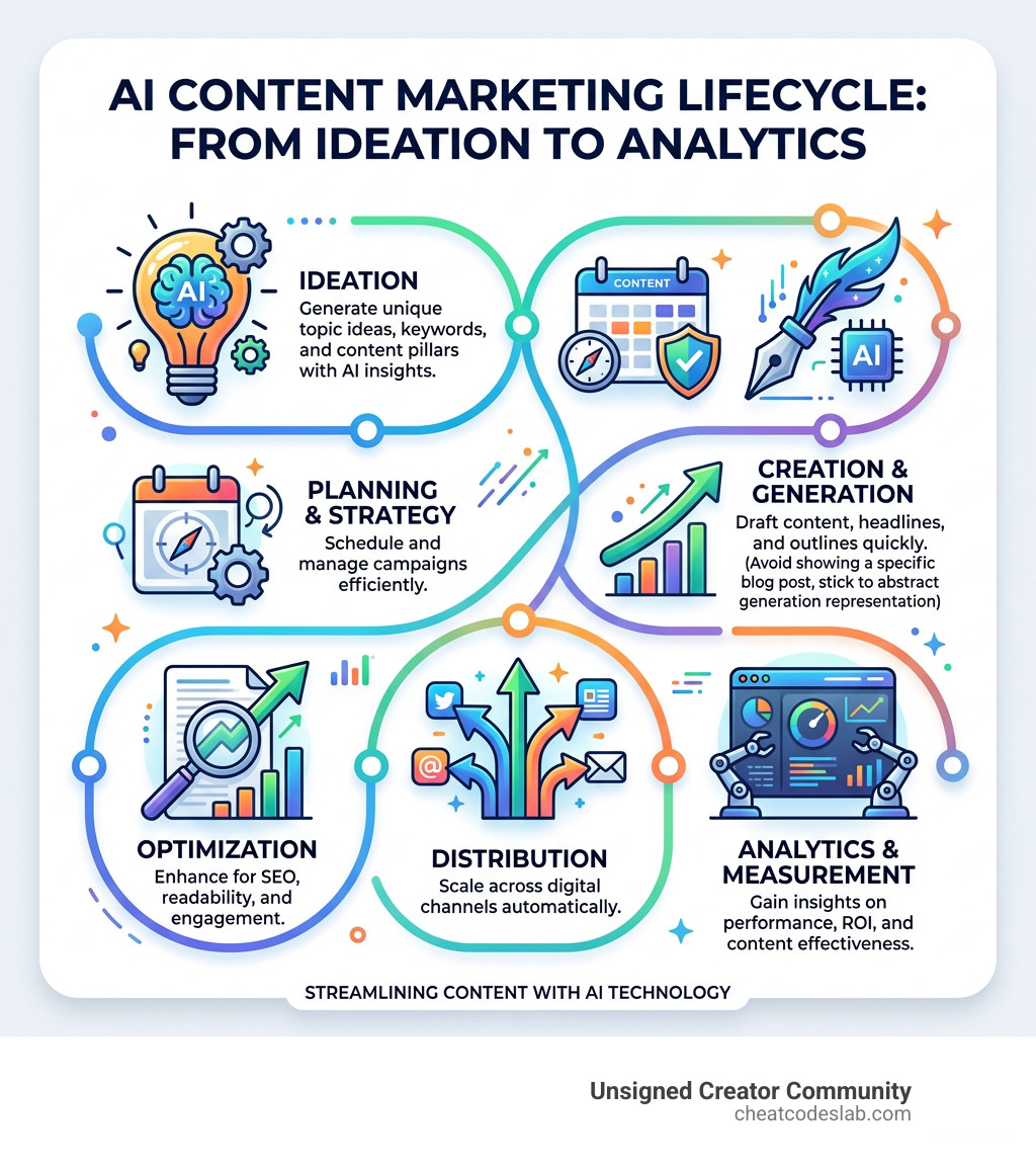AI content marketing lifecycle infographic showing stages from ideation to analytics - ai-driven saas-based content