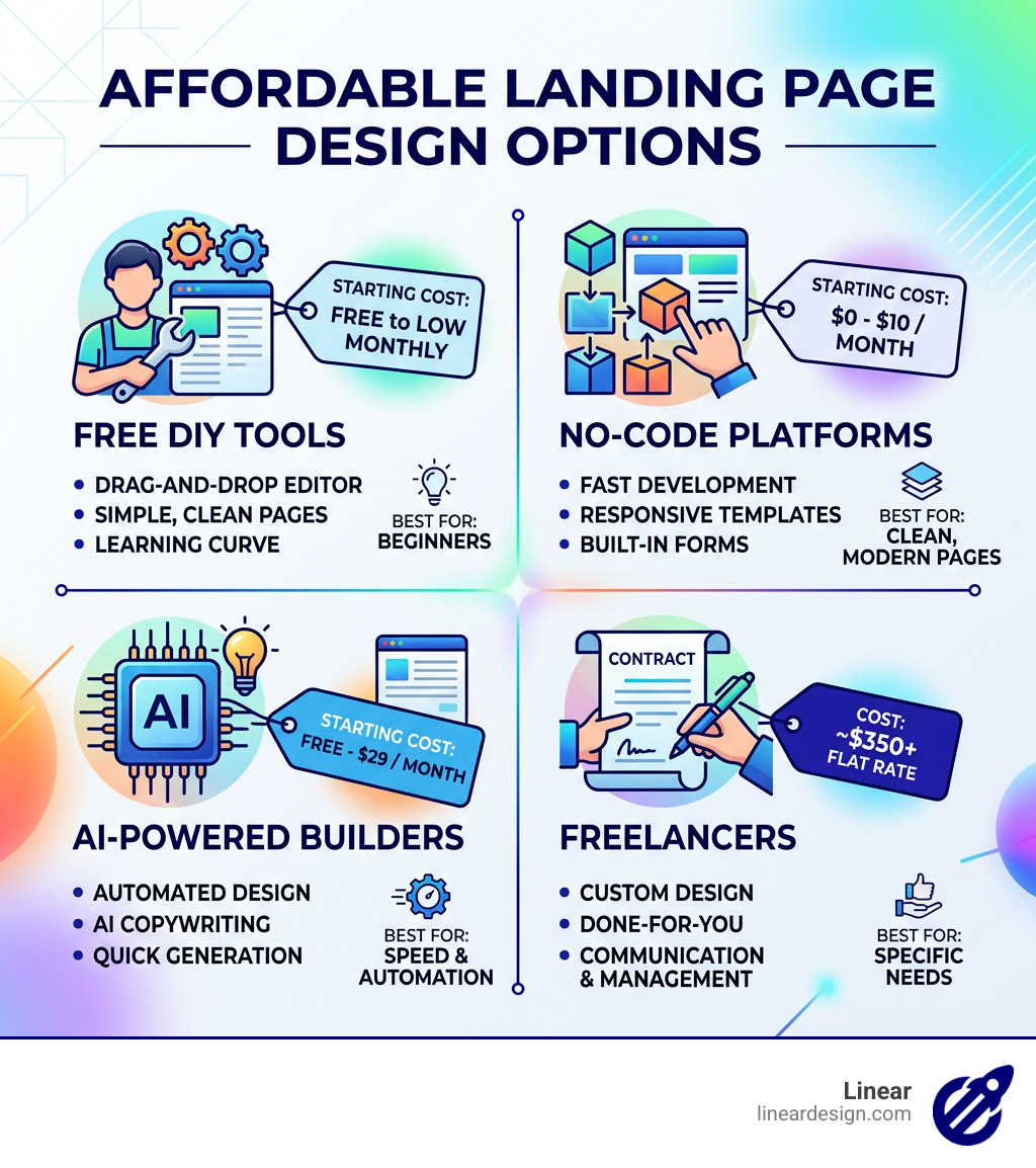 Infographic showing affordable landing page design options from free DIY tools to paid platforms with costs and features