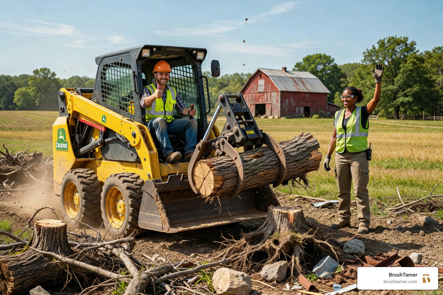 Professional operator using a skid steer with a grapple attachment to clear debris in South Bend - using a skid steer to