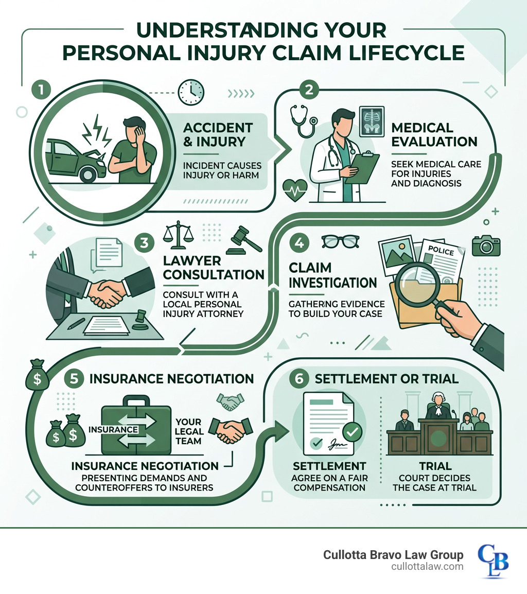 Personal injury claim lifecycle infographic: accident, medical evaluation, lawyer consultation, investigation, insurance