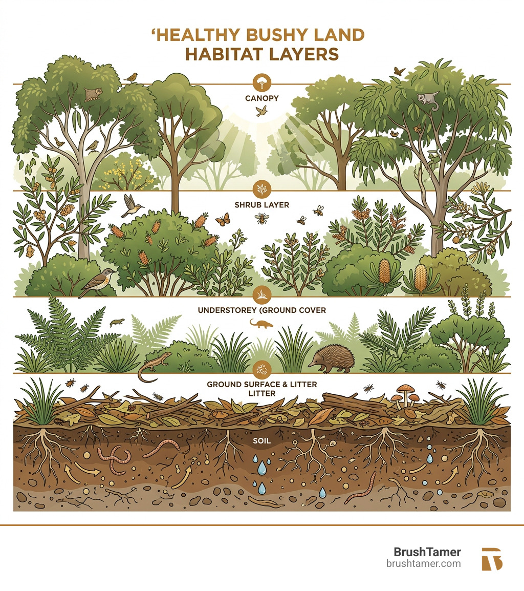 Vertical layers of a healthy bushy land habitat: canopy, shrub layer, ground cover, litter, soil - bushy land infographic