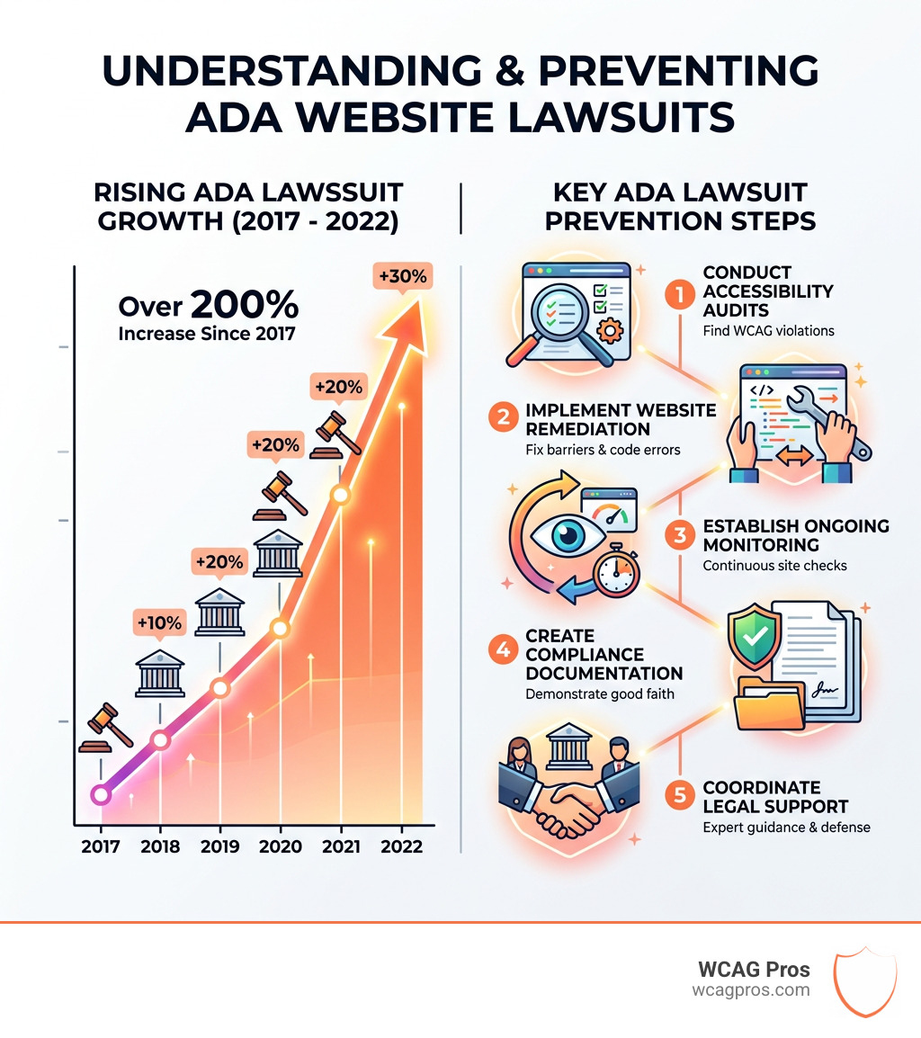Infographic showing ADA lawsuit growth from 2017 to 2022 and key prevention steps - ada lawsuit prevention services Infographic showing ADA lawsuit growth from 2017 to 2022 and key prevention steps - ada lawsuit prevention services