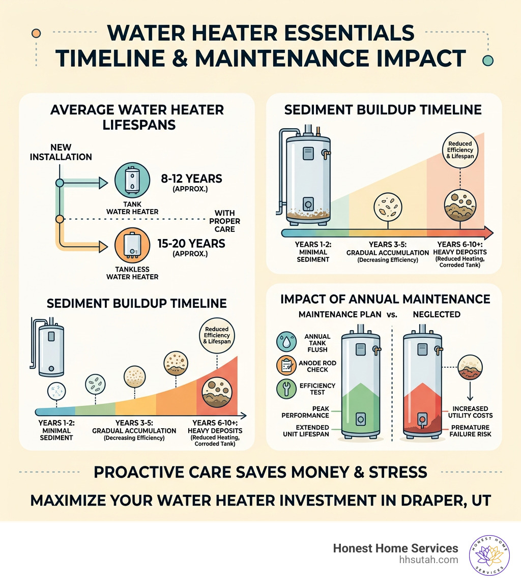 Infographic showing water heater lifespans, sediment buildup timeline, and annual maintenance impact - water heater Infographic showing water heater lifespans, sediment buildup timeline, and annual maintenance impact - water heater