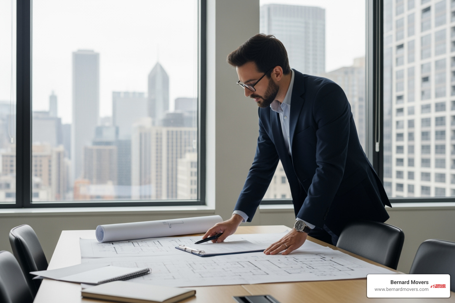Project manager in a Chicago office reviewing a detailed floor plan for relocation - office move project management Project manager in a Chicago office reviewing a detailed floor plan for relocation - office move project management