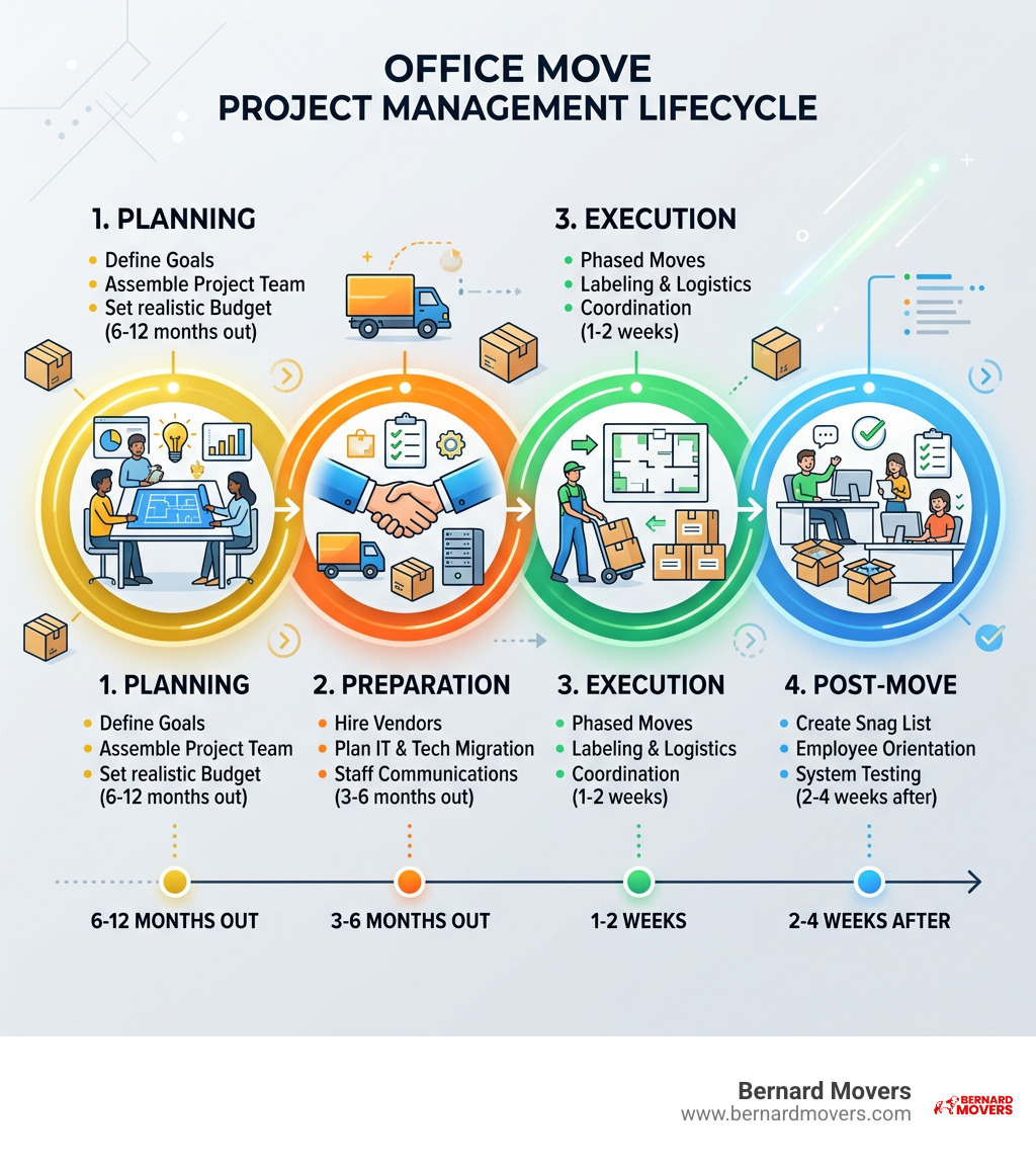 Office move project management lifecycle infographic showing phases from planning through post-move - office move project Office move project management lifecycle infographic showing phases from planning through post-move - office move project