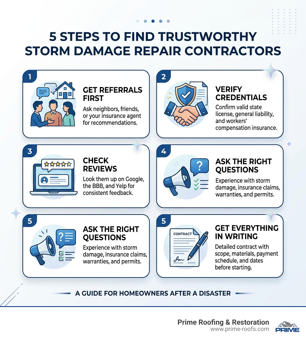 5 steps infographic: how to find trustworthy storm damage repair contractors after a disaster - how to find trustworthy