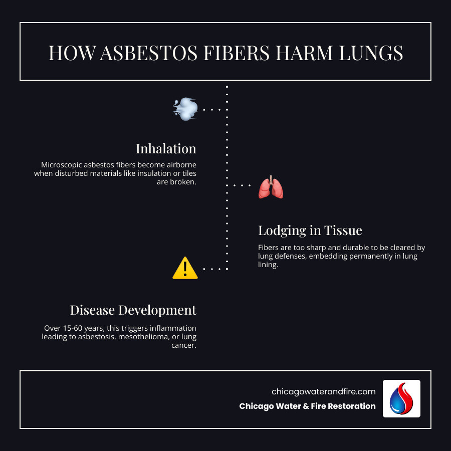 Infographic showing how asbestos fibers lodge in lung tissue and exposure risk levels - how much asbestos exposure is