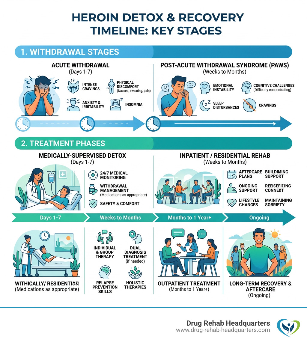 Heroin detox and recovery timeline infographic showing withdrawal stages and treatment phases - heroin rehab centers in