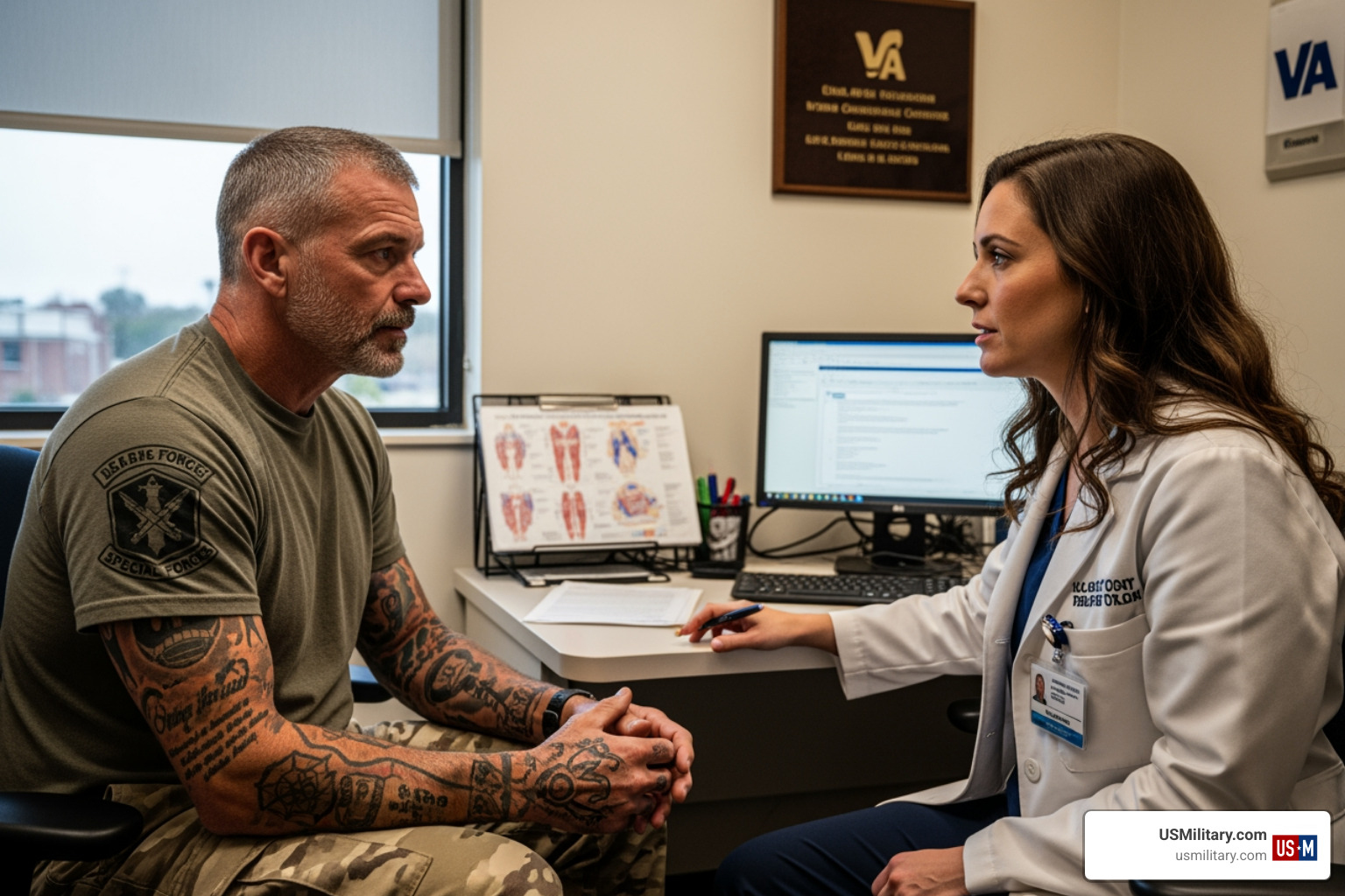 Veteran in a clinical consultation discussing service history - 10 Most Common Veteran Benefits Claimed By Army Special