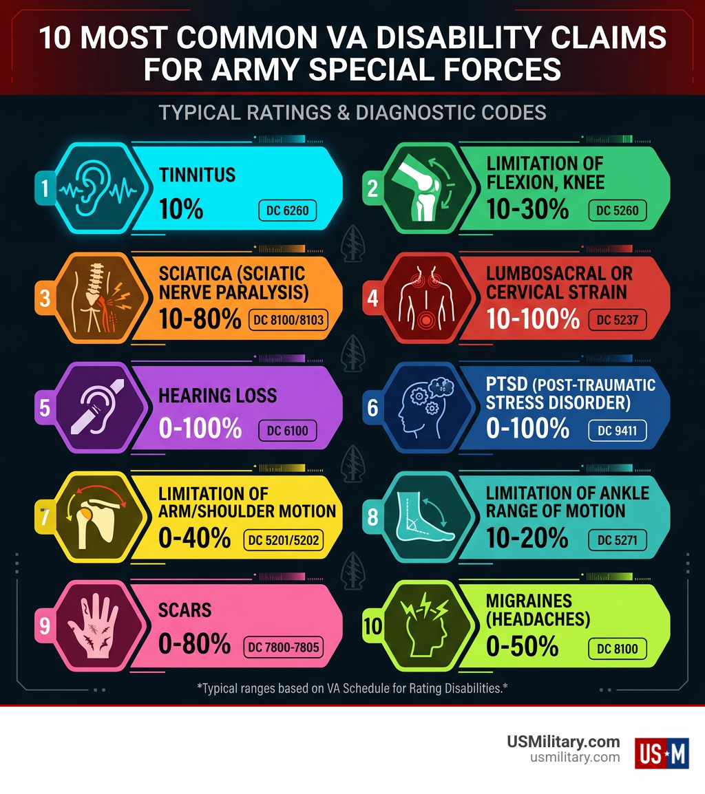 Infographic showing the 10 most common VA disability claims for Army Special Forces with ratings and diagnostic codes - 10