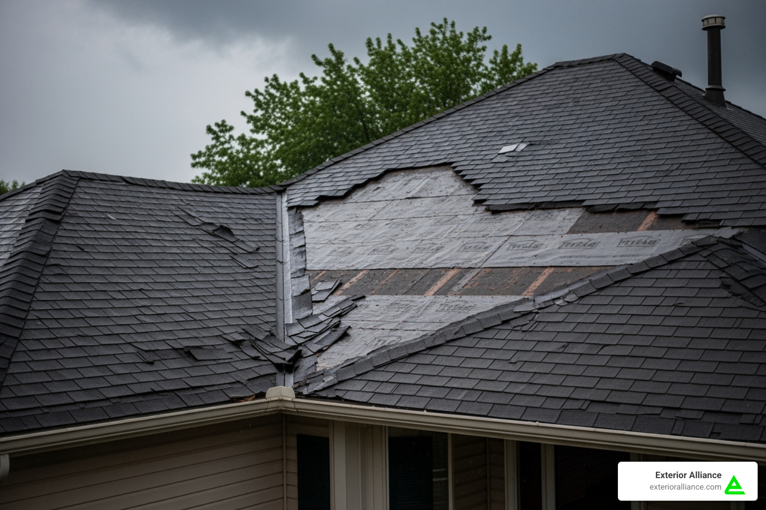A roof damaged by high winds and heavy rain, showing missing shingles and exposed underlayment