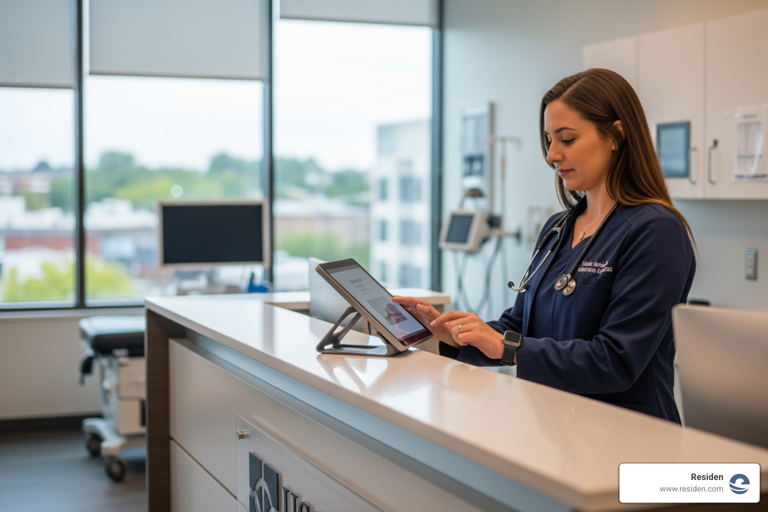 Healthcare professional using a digital check-in system in a modern medical suite - hourly procedure room rental