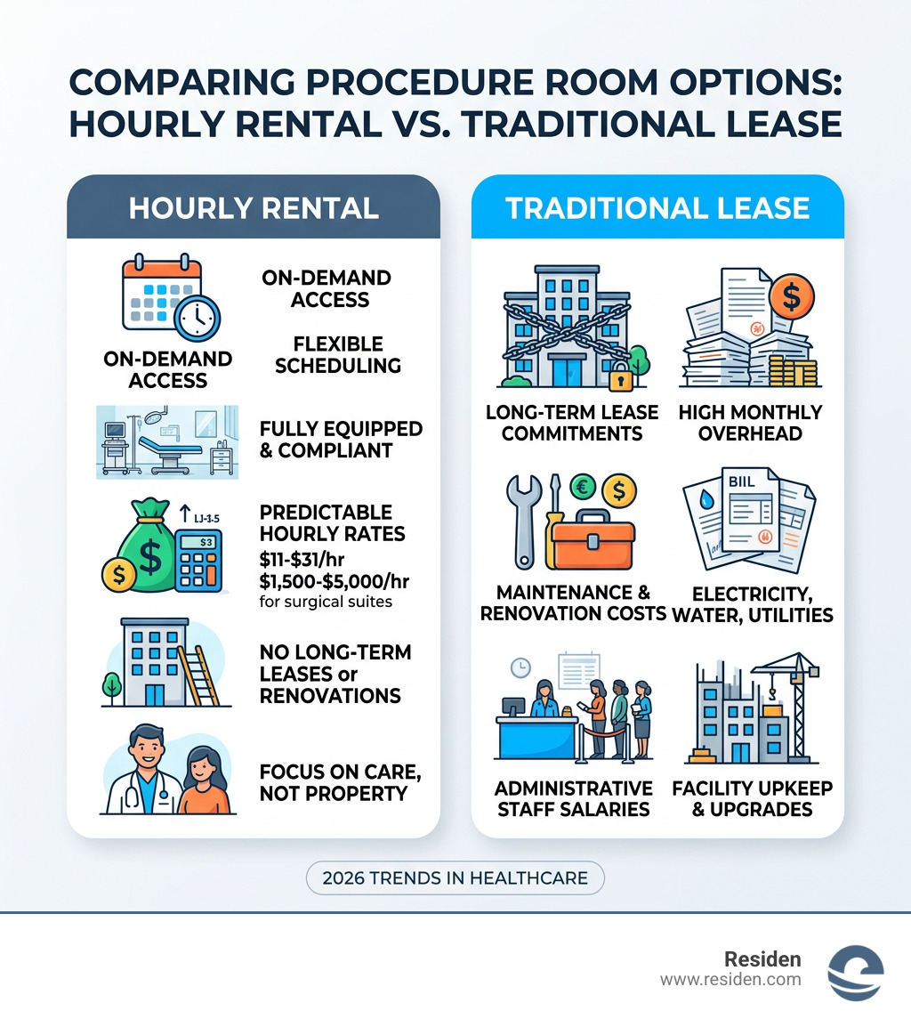 Infographic comparing hourly procedure room rental costs vs traditional leasing overhead - hourly procedure room rental