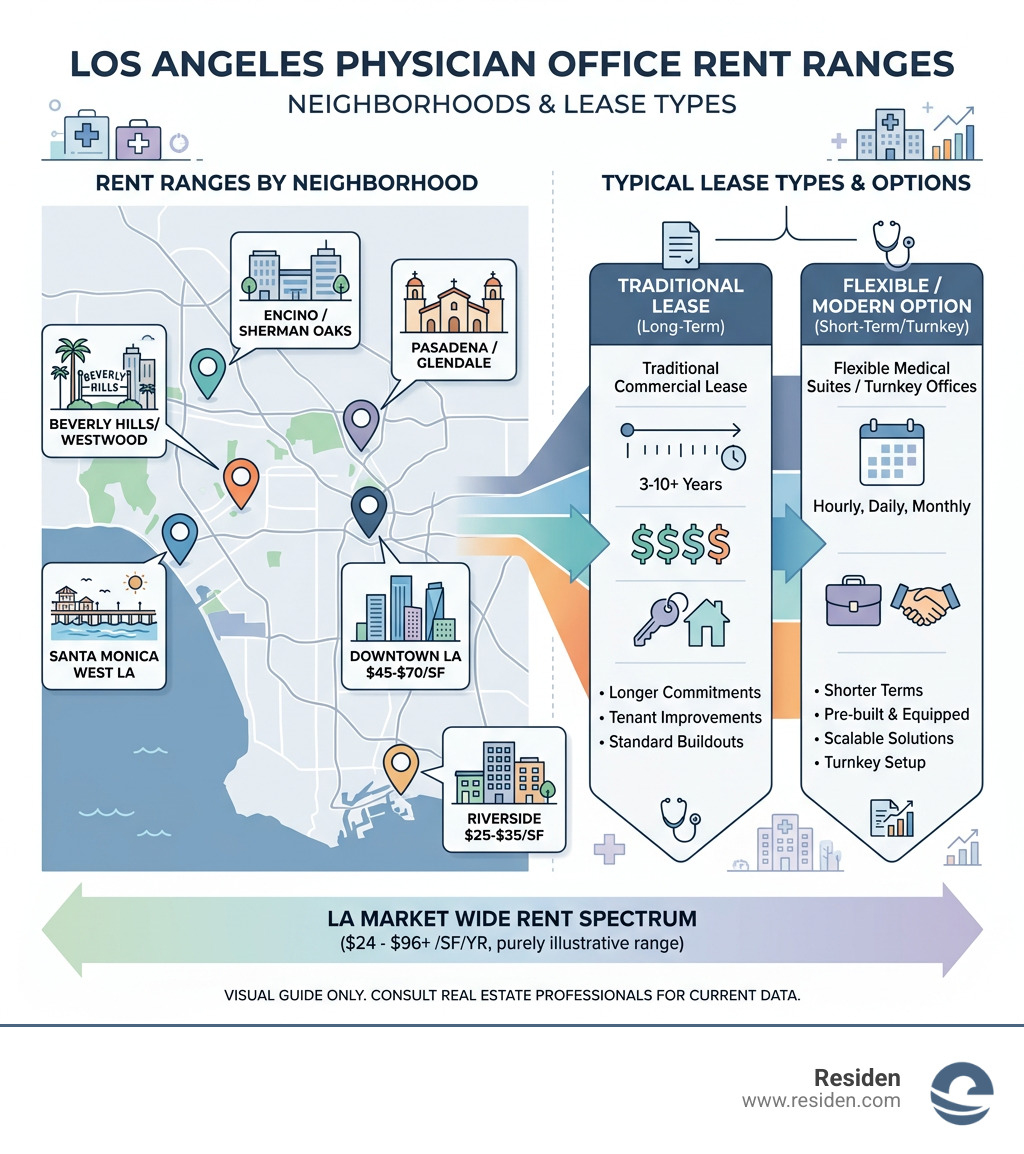 Infographic showing LA physician office rent ranges by neighborhood and lease type - los angeles physician office rent