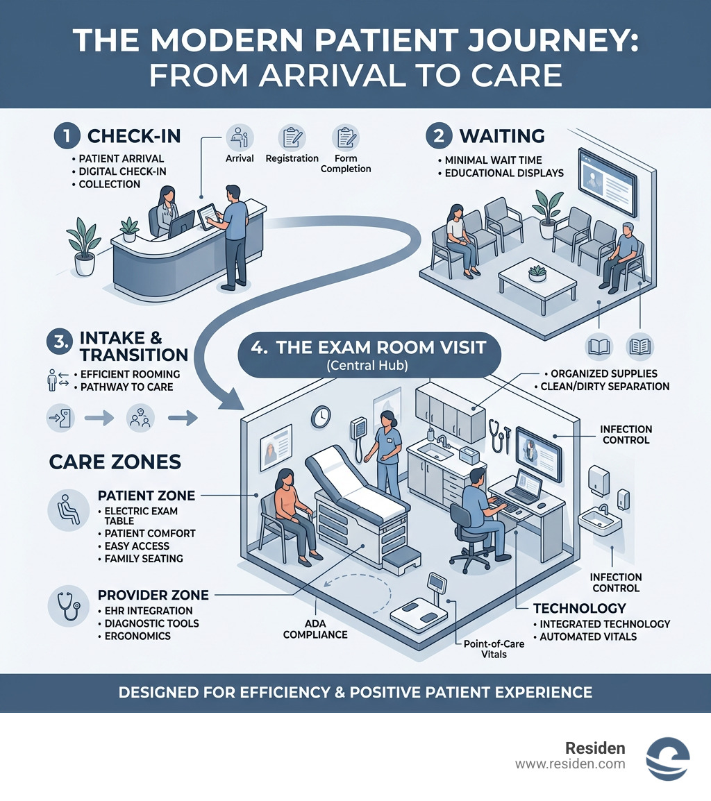 Patient journey from check-in through exam room visit showing key touchpoints and care zones - patient exam rooms Patient journey from check-in through exam room visit showing key touchpoints and care zones - patient exam rooms