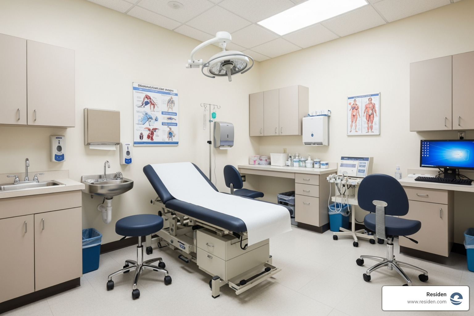 Modern high-tech diagnostic equipment integrated into a medical exam room - patient exam rooms Modern high-tech diagnostic equipment integrated into a medical exam room - patient exam rooms