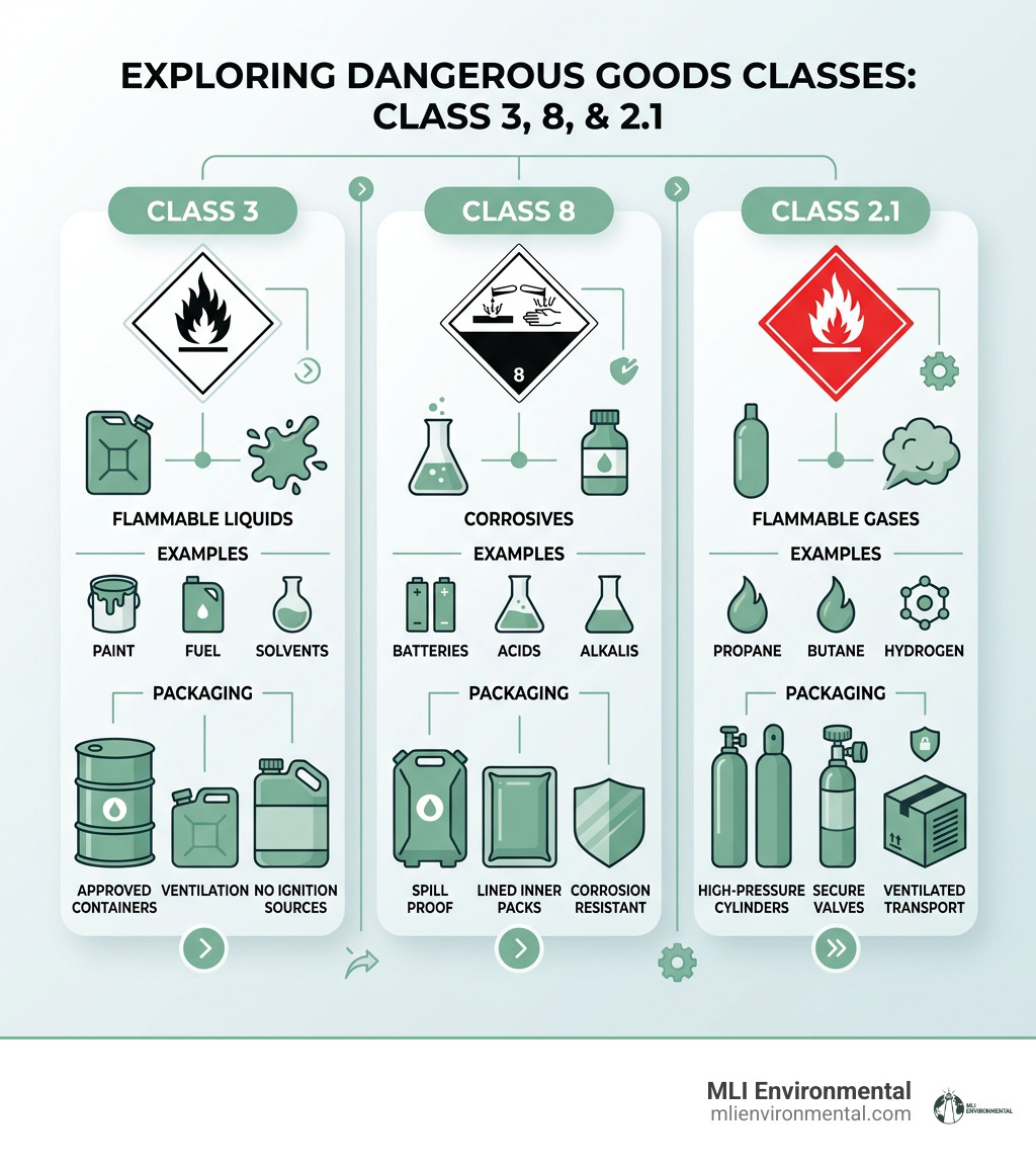 Infographic showing the 9 hazard classes of dangerous goods: Class 1 Explosives, Class 2 Gases (compressed, flammable, toxic), Class 3 Flammable Liquids, Class 4 Flammable Solids, Class 5 Oxidizing Substances and Organic Peroxides, Class 6 Toxic and Infectious Substances, Class 7 Radioactive Materials, Class 8 Corrosives, and Class 9 Miscellaneous Dangerous Goods, with examples and packaging requirements for each class - hazardous materials shipping kit infographic 3_facts_emoji_light-gradient Infographic showing the 9 hazard classes of dangerous goods: Class 1 Explosives, Class 2 Gases (compressed, flammable, toxic), Class 3 Flammable Liquids, Class 4 Flammable Solids, Class 5 Oxidizing Substances and Organic Peroxides, Class 6 Toxic and Infectious Substances, Class 7 Radioactive Materials, Class 8 Corrosives, and Class 9 Miscellaneous Dangerous Goods, with examples and packaging requirements for each class - hazardous materials shipping kit infographic 3_facts_emoji_light-gradient