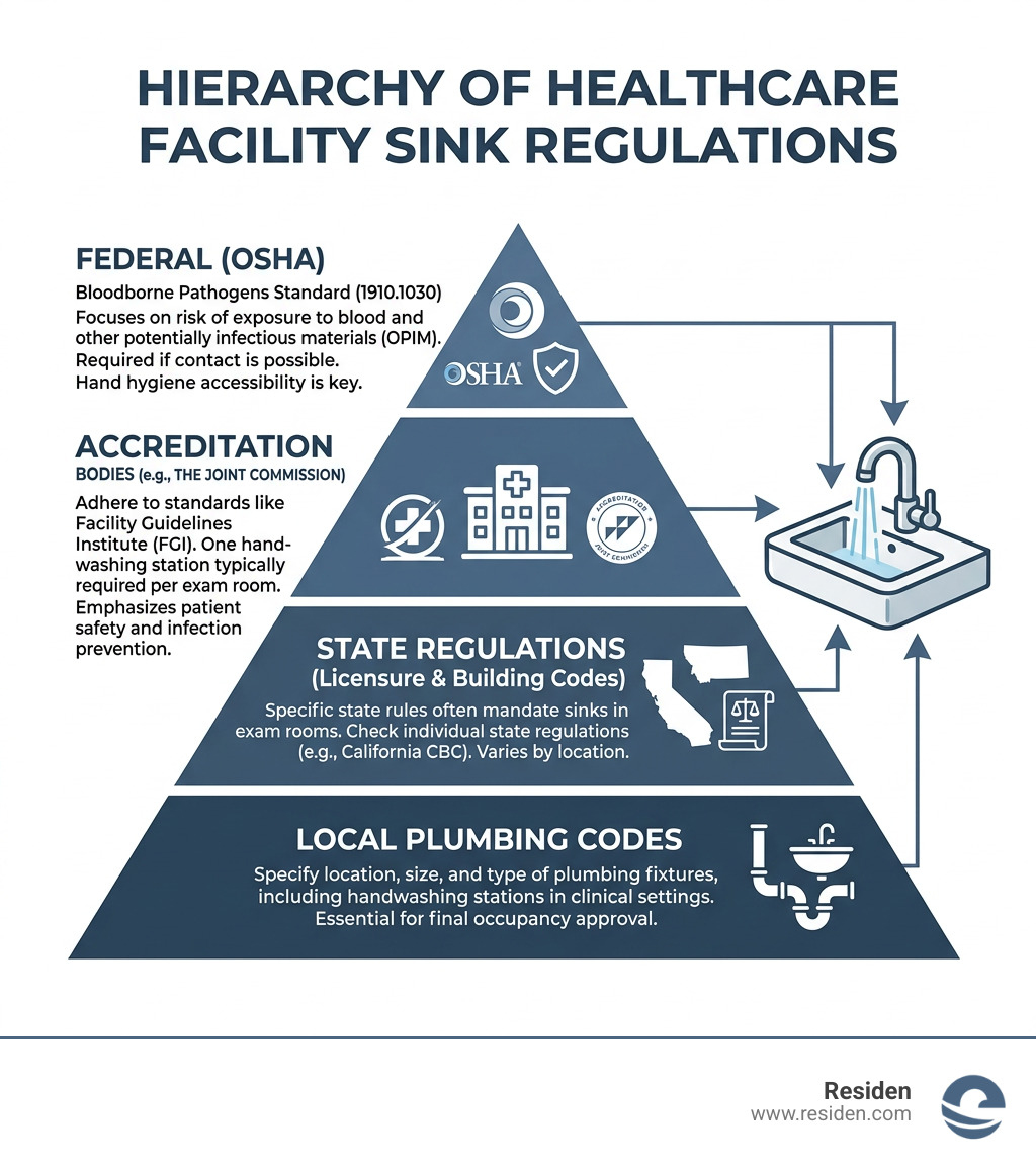 Hierarchy of healthcare facility sink regulations from federal OSHA to state codes to accreditation bodies - are sinks