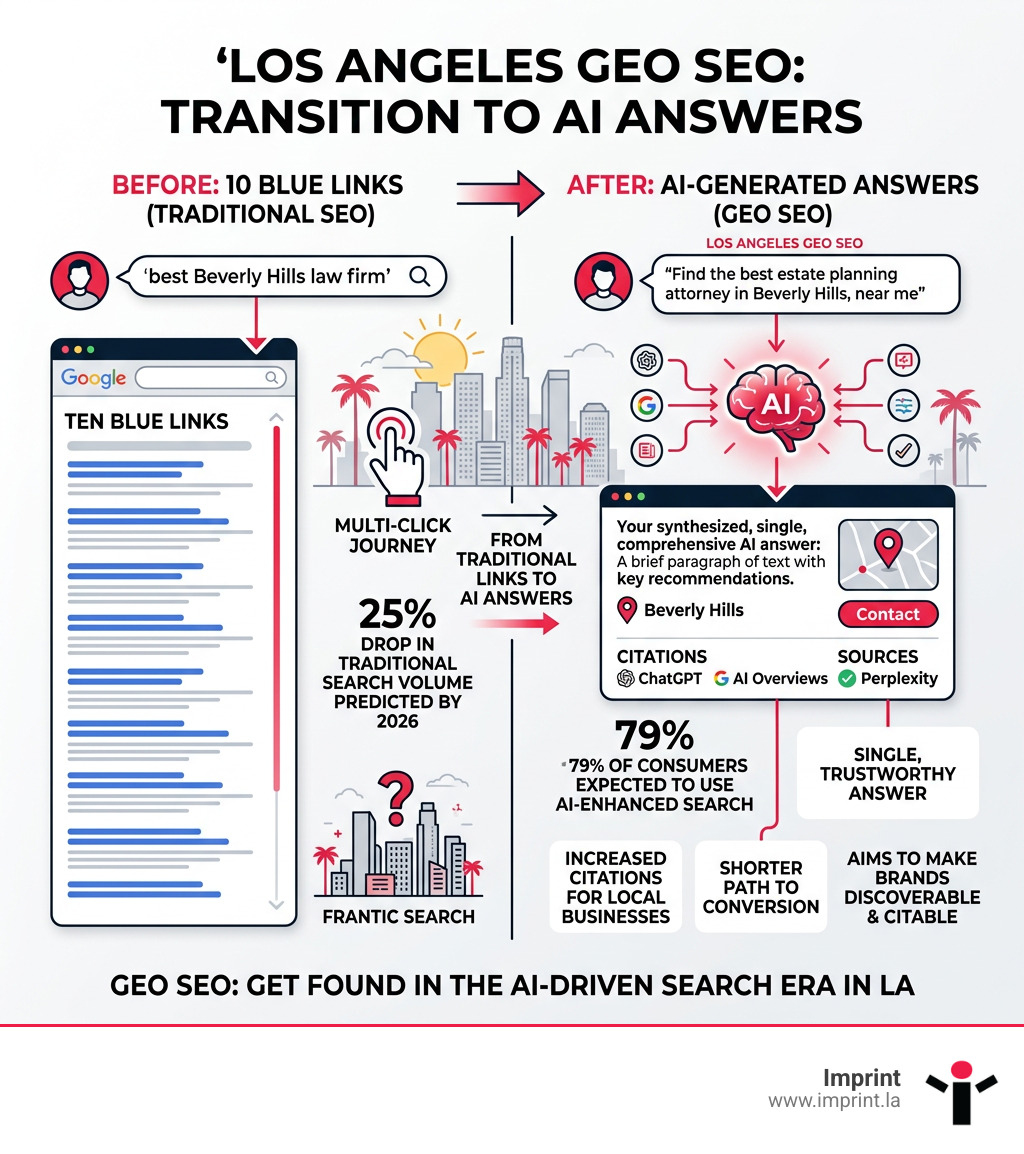 Infographic showing transition from 10 blue links to AI-generated answers in Los Angeles geo SEO - los angeles geo seo Infographic showing transition from 10 blue links to AI-generated answers in Los Angeles geo SEO - los angeles geo seo
