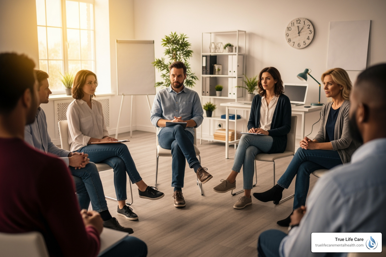A supportive group therapy session in a bright, modern office - Anxiety Treatment in Burlington County New Jersey A supportive group therapy session in a bright, modern office - Anxiety Treatment in Burlington County New Jersey