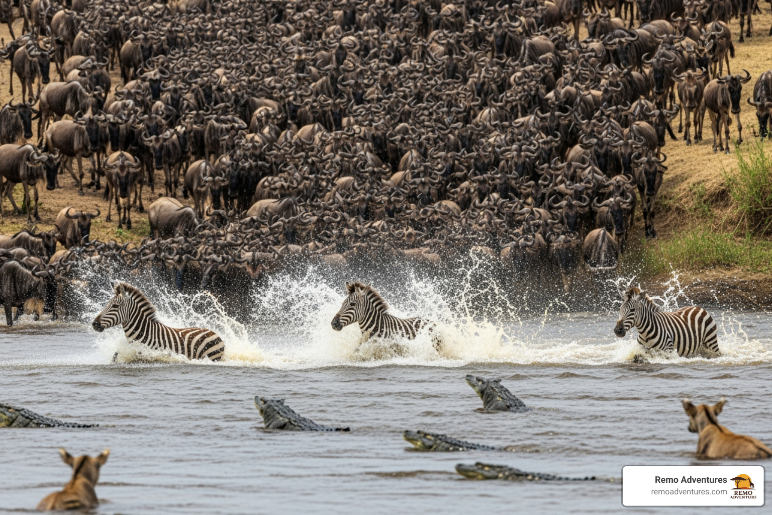 The Great Migration crossing the Mara River in the Serengeti - tanzania safari and zanzibar