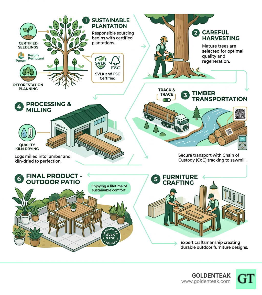 Lifecycle of certified teak furniture from plantation to outdoor patio infographic - Sustainability - SVLK and FSC