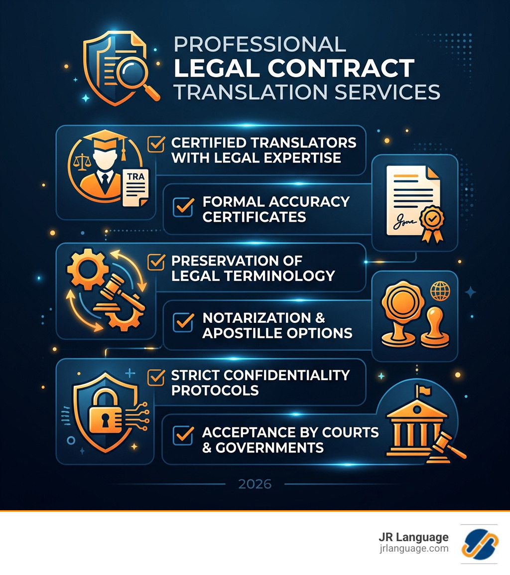 Infographic showing the key components of professional legal contract translation services: certified translators with legal expertise, formal accuracy certificates, preservation of legal terminology, notarization and apostille options, strict confidentiality protocols, and acceptance by courts and government agencies worldwide - Legal contract translation services infographic checklist-dark-blue Infographic showing the key components of professional legal contract translation services: certified translators with legal expertise, formal accuracy certificates, preservation of legal terminology, notarization and apostille options, strict confidentiality protocols, and acceptance by courts and government agencies worldwide - Legal contract translation services infographic checklist-dark-blue