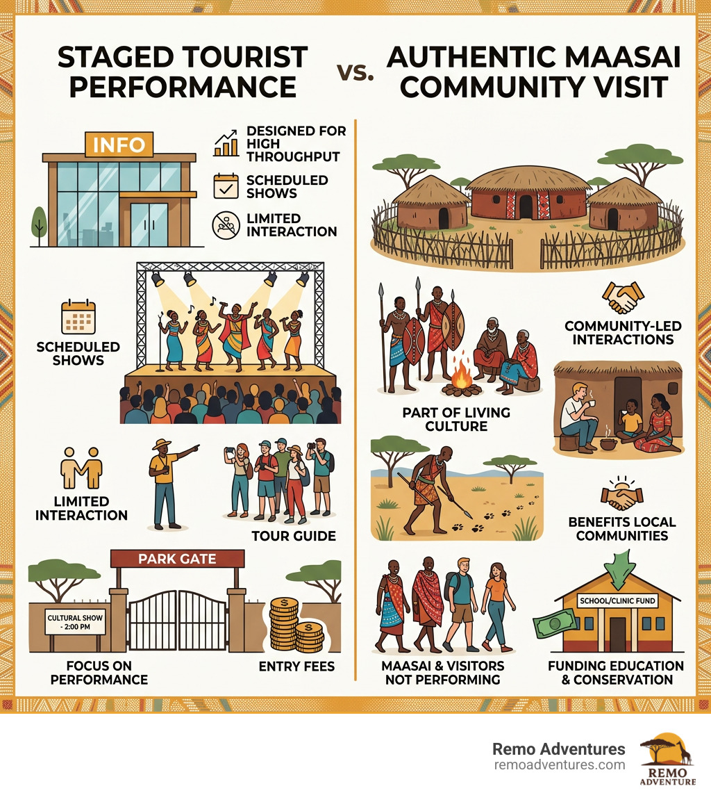 Staged tourist performance vs authentic Maasai community visit comparison infographic - Authentic Masai cultural experiences