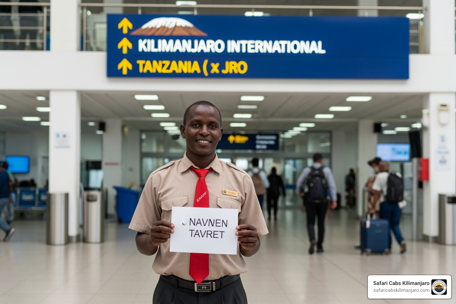 Driver holding a name sign at JRO arrivals - kilimanjaro airport to arusha