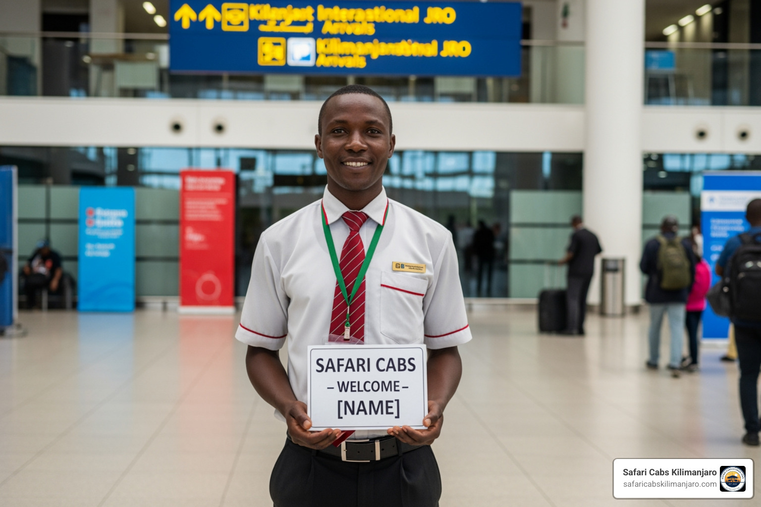 A professional Safari Cabs driver holding a name sign at JRO arrivals - transportation from jro to arusha A professional Safari Cabs driver holding a name sign at JRO arrivals - transportation from jro to arusha