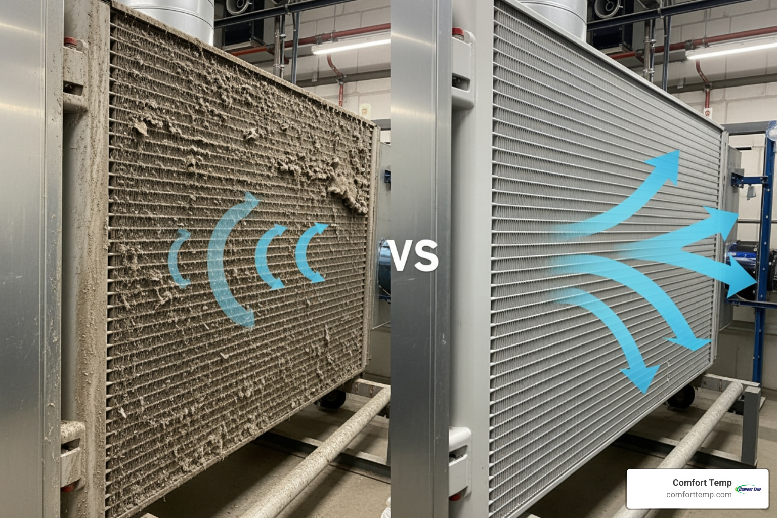 Comparison of dirty vs. clean commercial cooling coils showing the difference in airflow potential - commercial duct Comparison of dirty vs. clean commercial cooling coils showing the difference in airflow potential - commercial duct