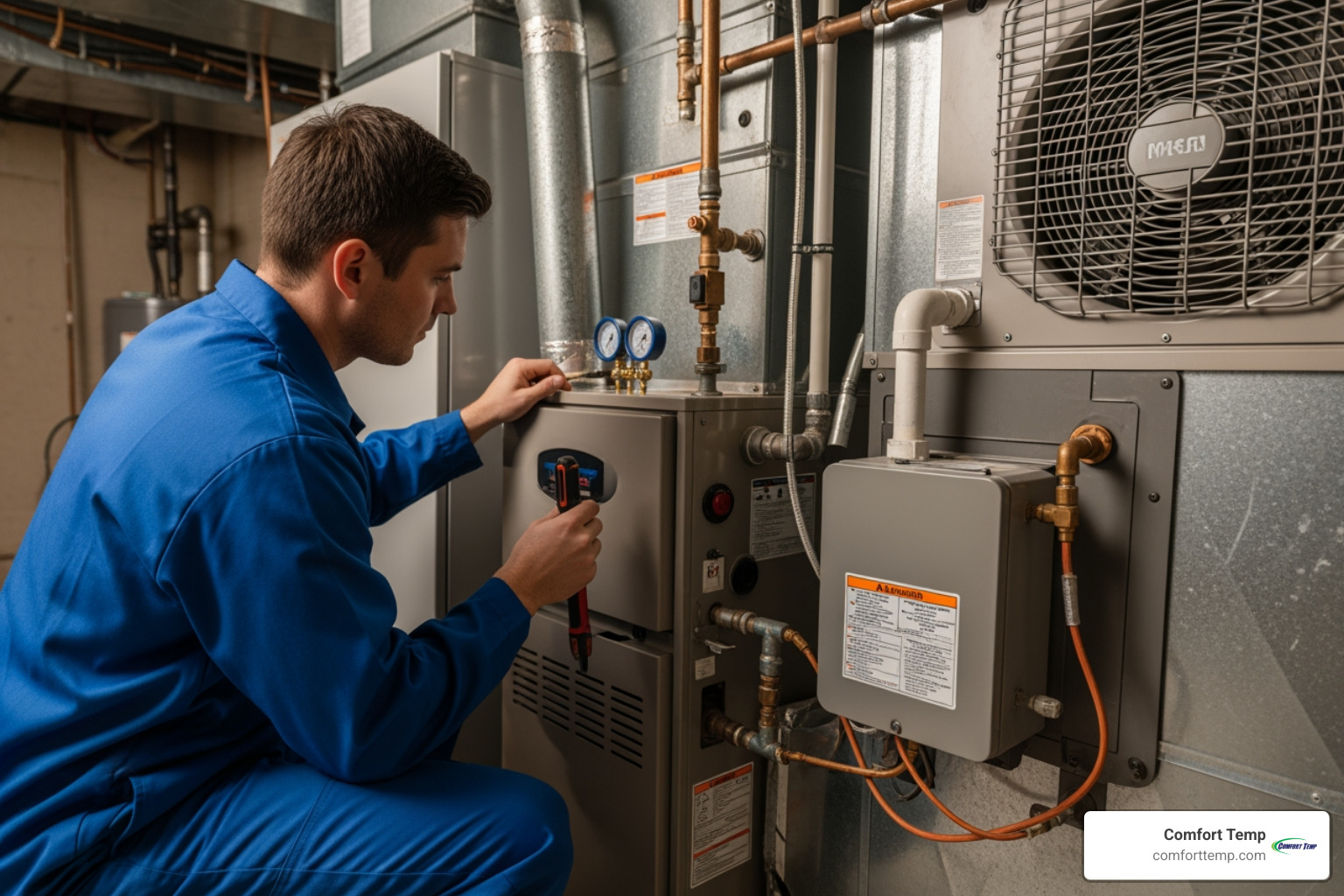 Professional HVAC technician in a blue uniform inspecting a residential furnace and AC unit - average cost to replace Professional HVAC technician in a blue uniform inspecting a residential furnace and AC unit - average cost to replace