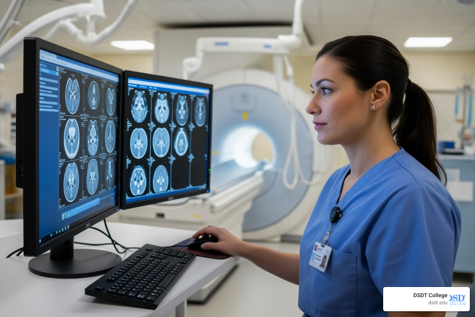MRI technologist reviewing digital scans on a high-resolution monitor in a diagnostic suite - MRI Associate Degree 