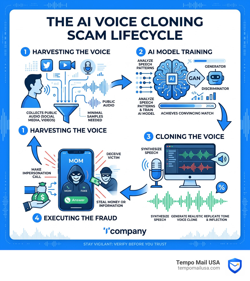 4-step lifecycle of an AI voice cloning scam from audio harvesting to fraud - AI Voice Cloning Scams: How Hackers Are Faking 4-step lifecycle of an AI voice cloning scam from audio harvesting to fraud - AI Voice Cloning Scams: How Hackers Are Faking