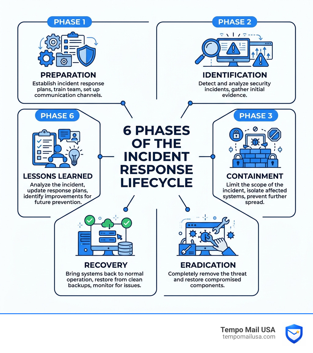 6 phases of the incident response lifecycle: preparation, identification, containment, eradication, recovery, lessons 6 phases of the incident response lifecycle: preparation, identification, containment, eradication, recovery, lessons