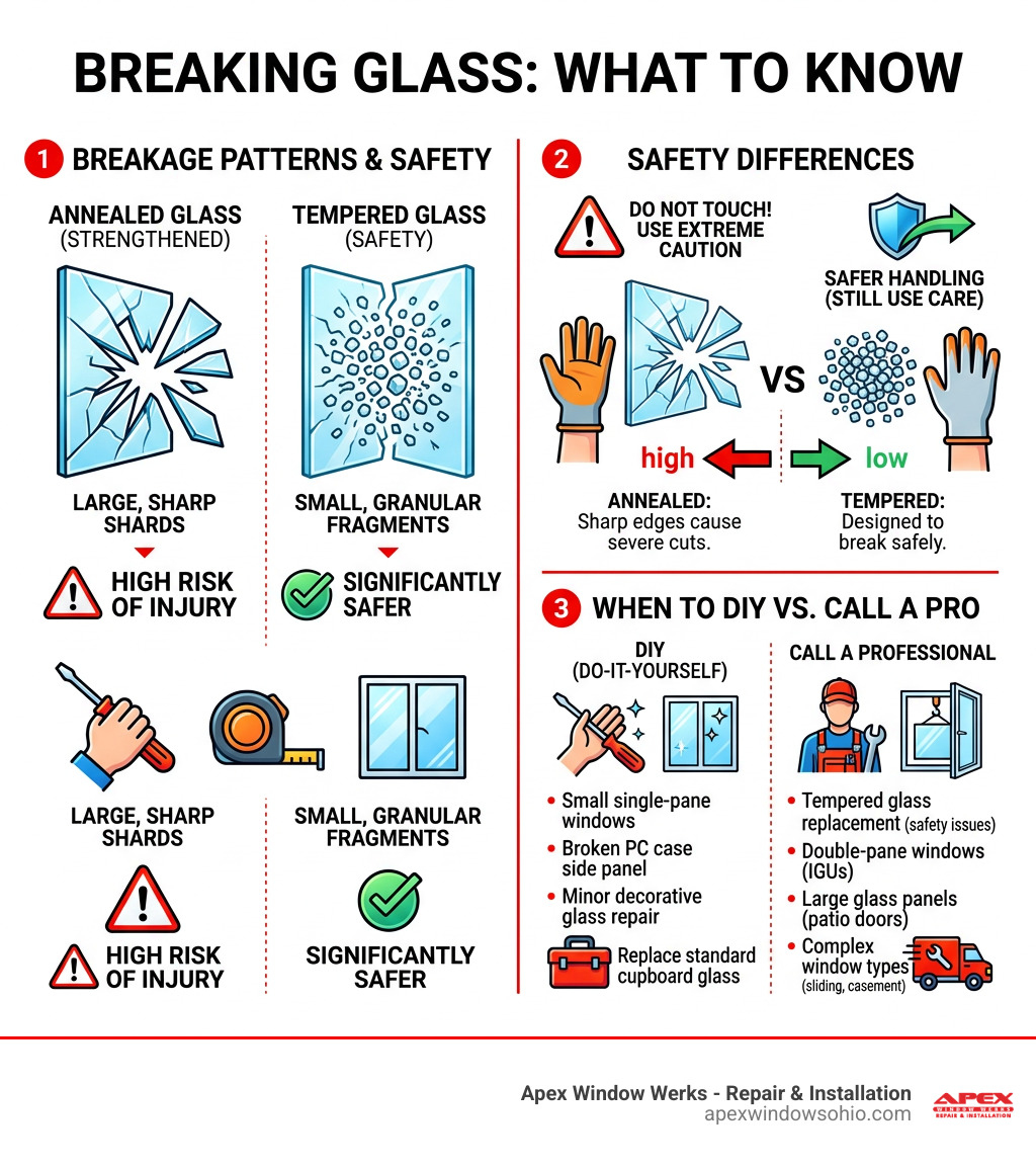 Infographic: tempered vs annealed glass breakage patterns, safety differences, and when to DIY vs call a pro - Broken glass Infographic: tempered vs annealed glass breakage patterns, safety differences, and when to DIY vs call a pro - Broken glass