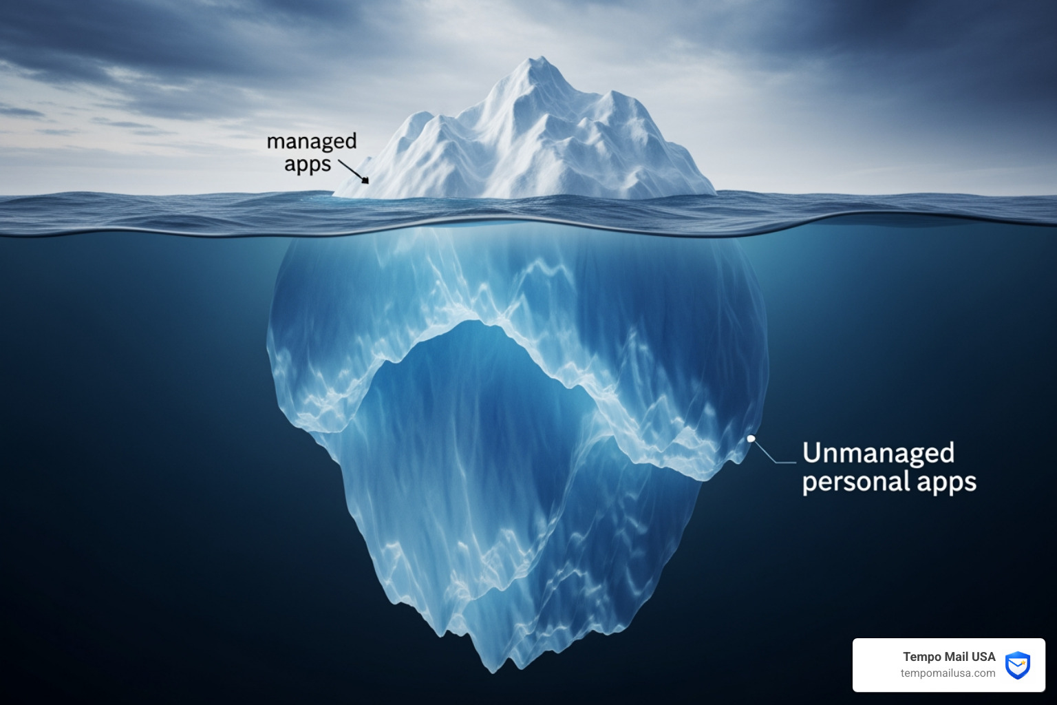 The Shadow IT iceberg showing visible managed apps vs the massive amount of unmanaged personal apps below the surface - BYOD The Shadow IT iceberg showing visible managed apps vs the massive amount of unmanaged personal apps below the surface - BYOD