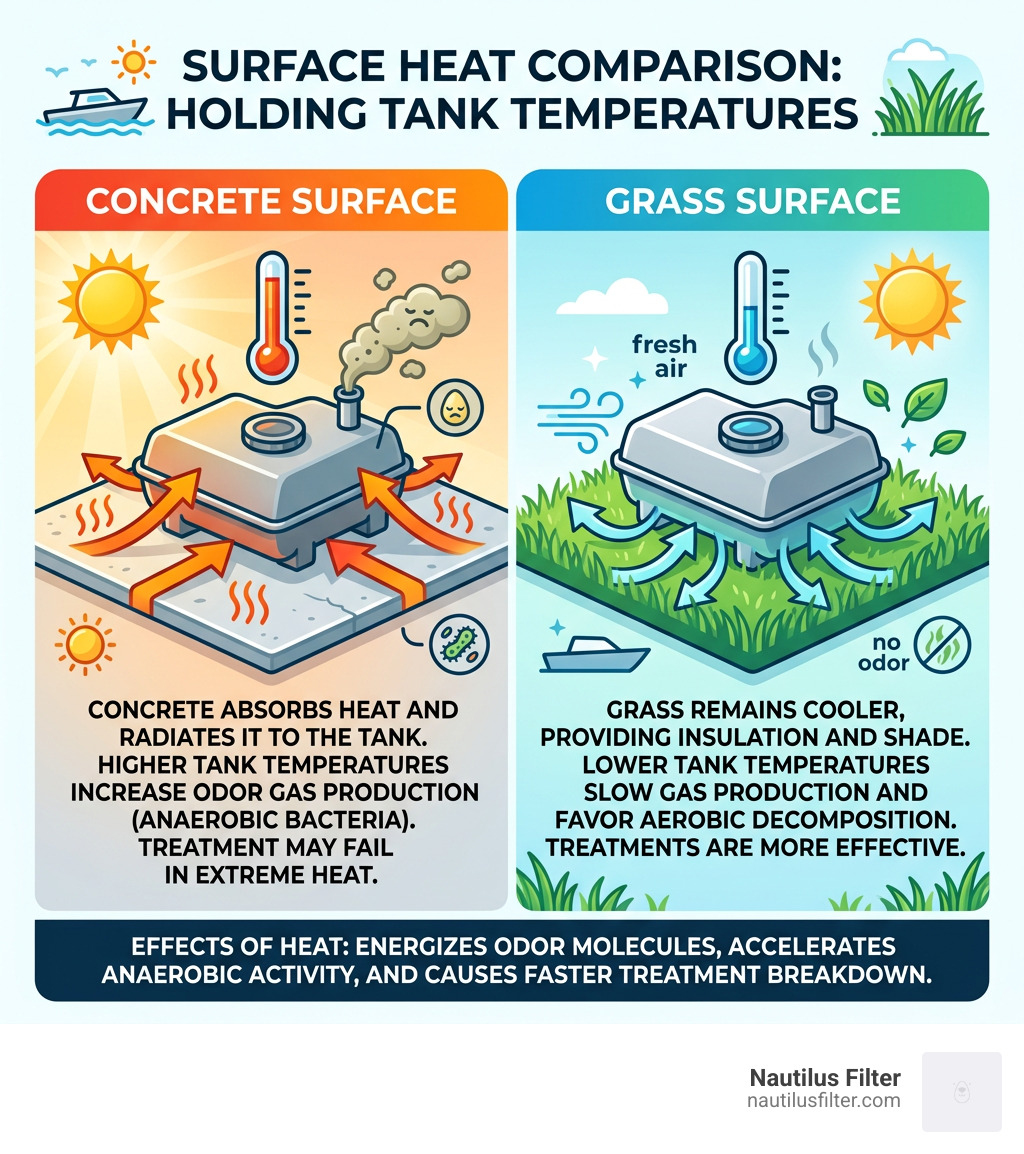Table comparing holding tank temperatures on concrete vs grass surfaces - how to stop holding tank odor infographic