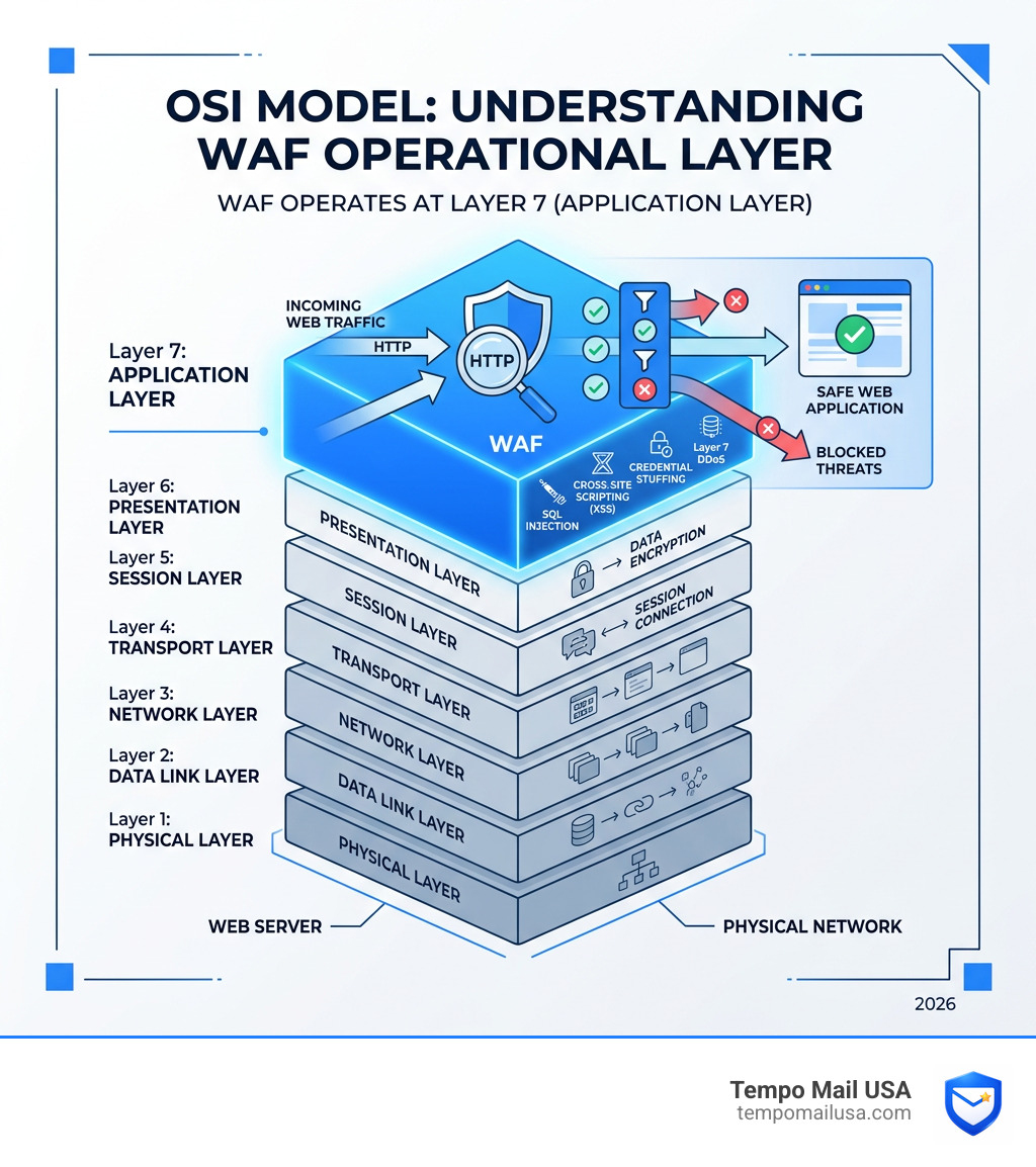 OSI model infographic highlighting Layer 7 Application Layer where WAF operates - WAF cyber security infographic OSI model infographic highlighting Layer 7 Application Layer where WAF operates - WAF cyber security infographic