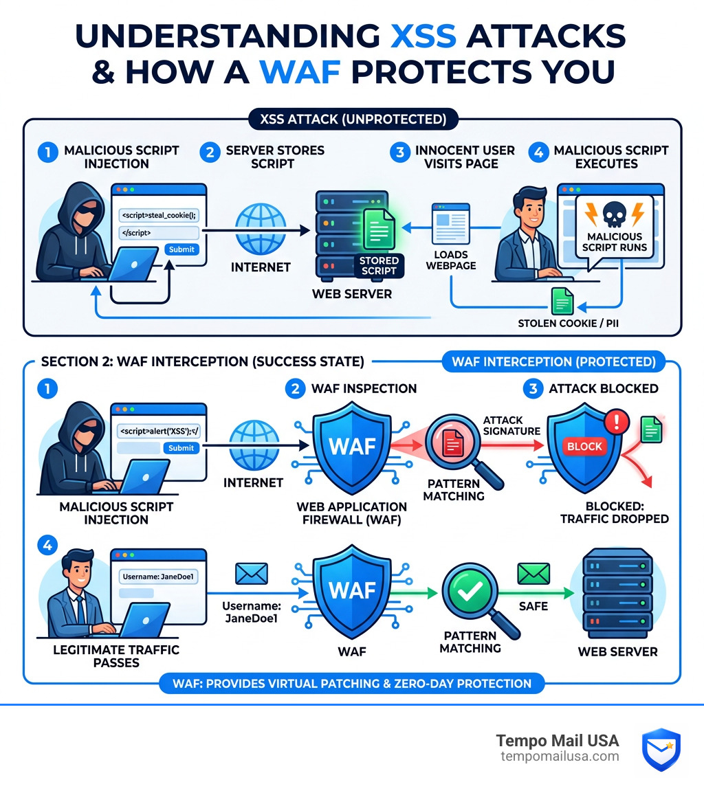 infographic showing the step-by-step mechanics of an XSS attack and how a WAF intercepts it - WAF cyber security infographic infographic showing the step-by-step mechanics of an XSS attack and how a WAF intercepts it - WAF cyber security infographic
