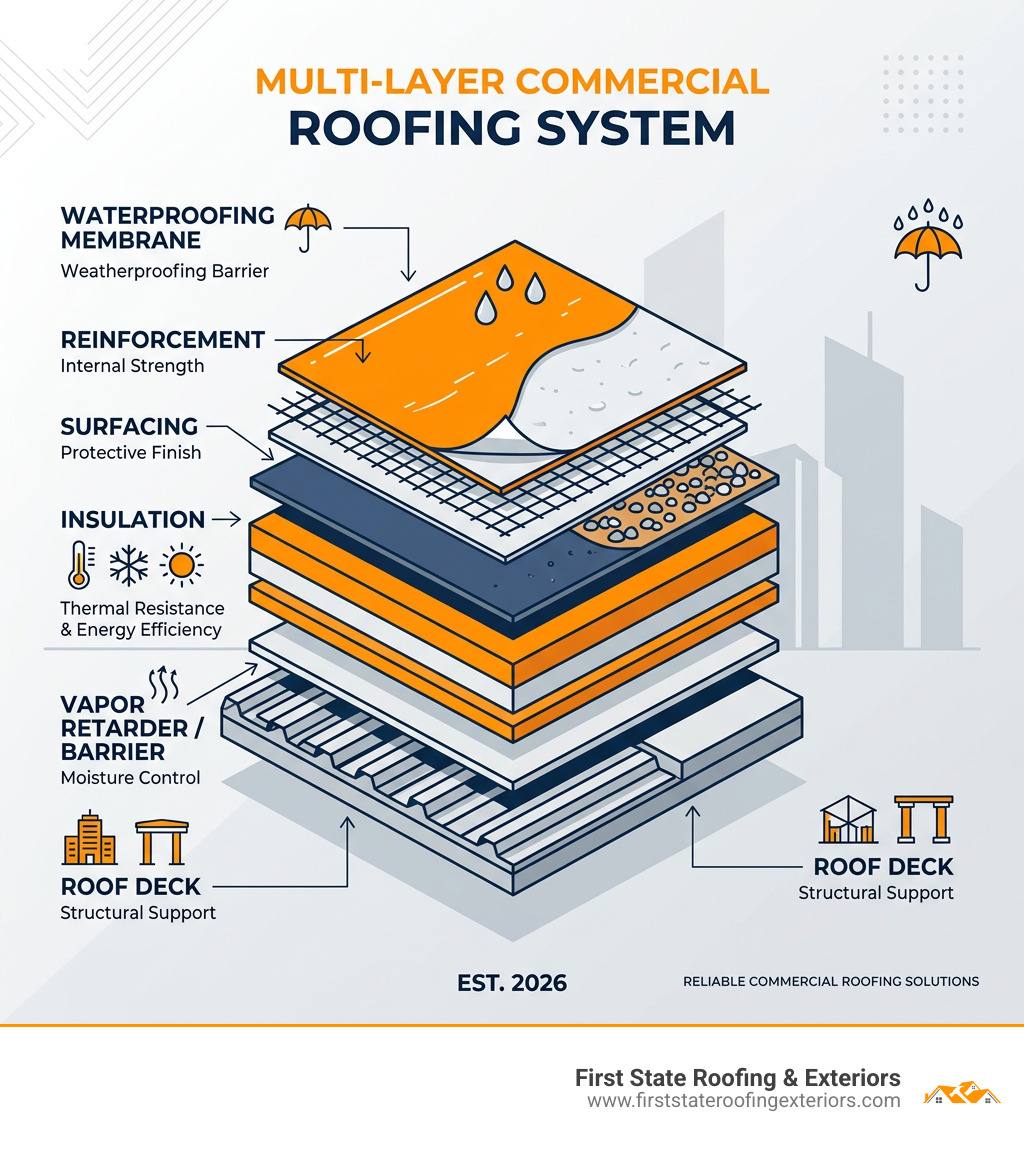 Multi-layer commercial roofing system components infographic showing membrane, insulation, and deck layers - commercial Multi-layer commercial roofing system components infographic showing membrane, insulation, and deck layers - commercial